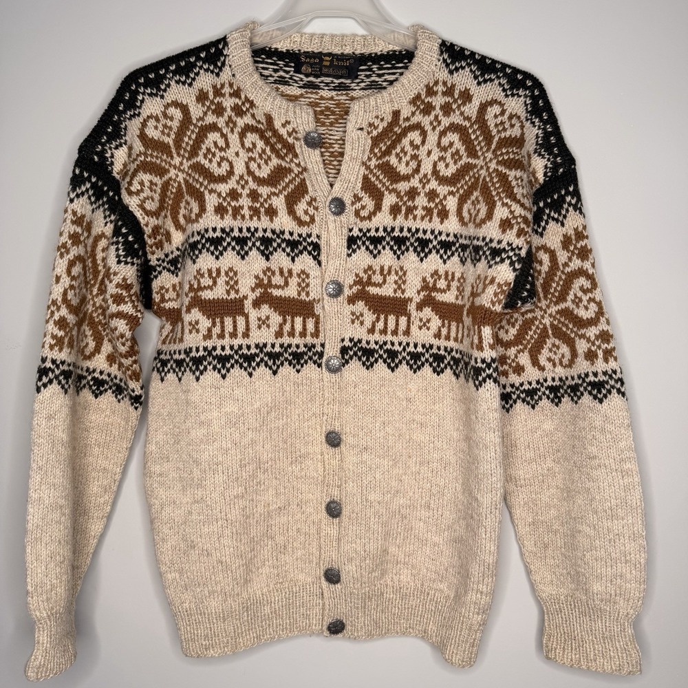 Vintage Hand Knitted SAGA KNIT Pure New WoolSweater Unisex Made in Norway SZ-S/M - Picture 9 of 16